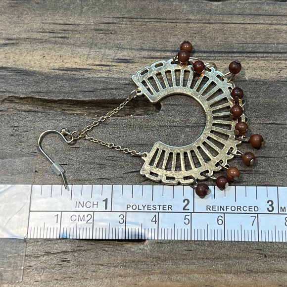 Bohemian Arch Fan Dangle Earrings Orange Bead Gold Tone Drop - Picture 3 of 3